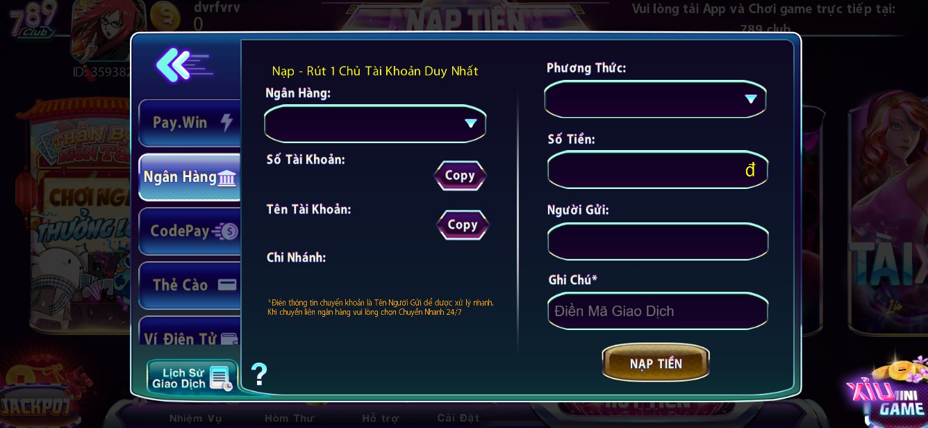 Nạp tiền 789club qua Ngân hàng